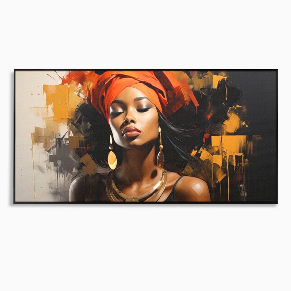 Tablou canvas cu tablou canvas cu femeie si turban, in rama de aluminiu negru